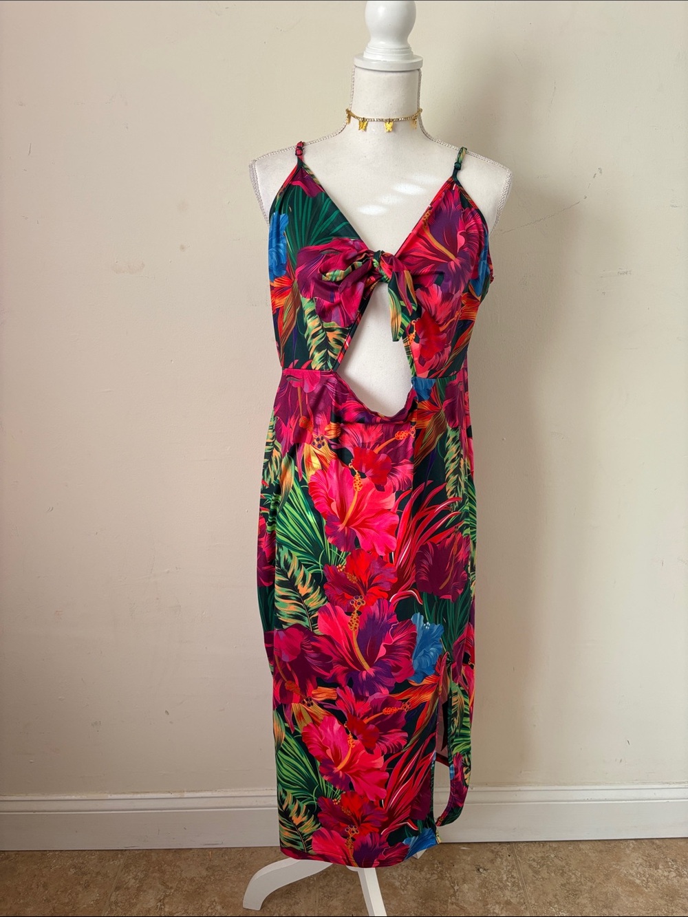 Tropical Tie-Front Midi Dress with cutout in Vibrant Floral Print